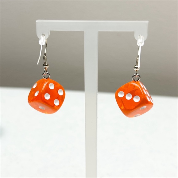 Novelty Earrings Dice Orange 6-Sided Silver Color Ear-wire - Picture 2 of 3